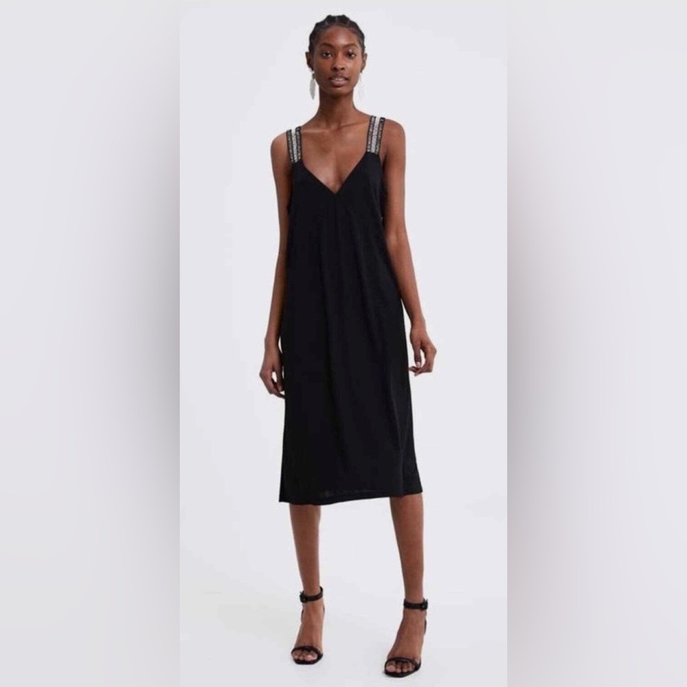 Zara Black Ribbed V-Neck Inverted V-Waist Slip Midi Dress Crochet Straps Size M
